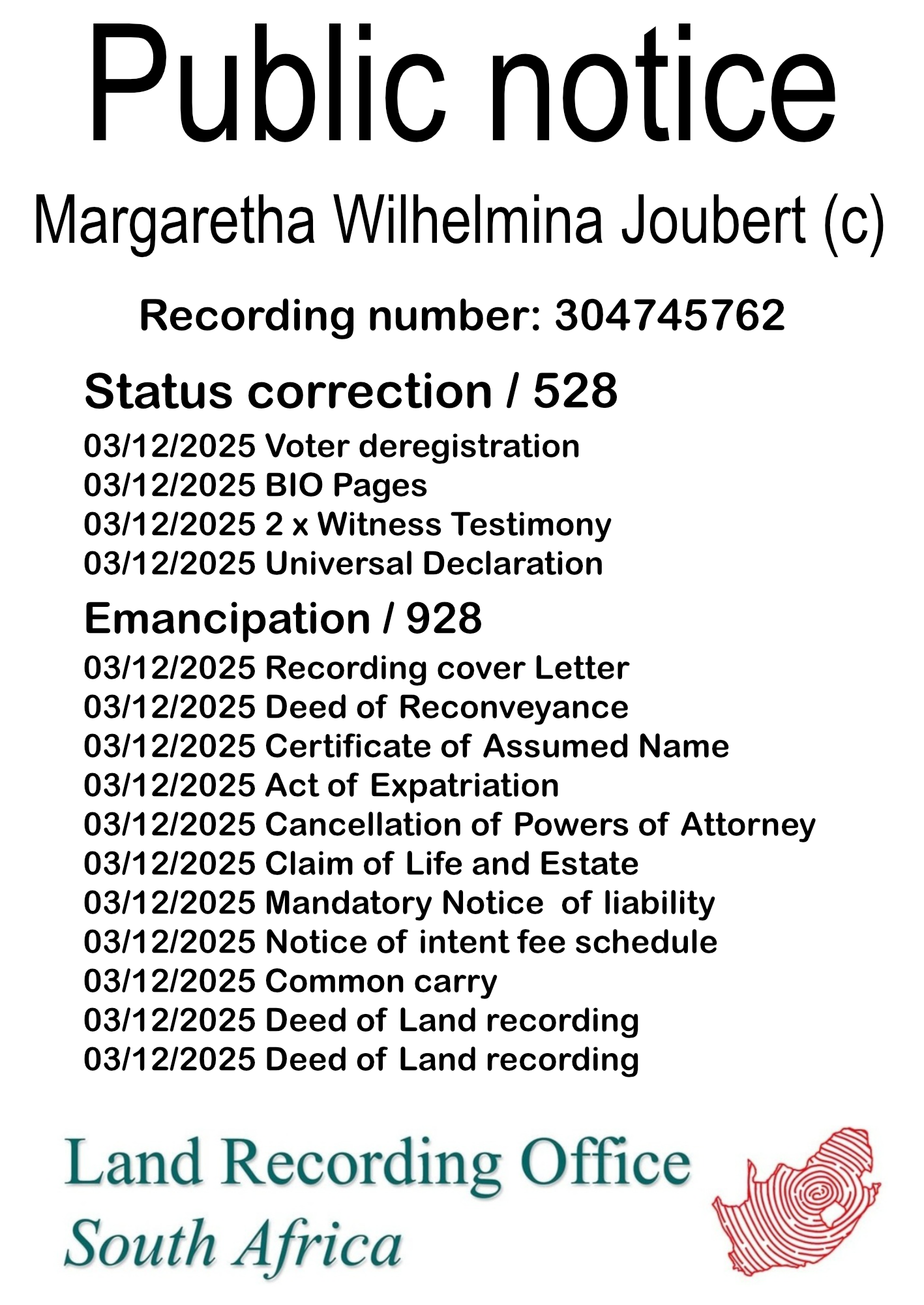 Public notice Margaretha Wilhelmina Joubert Recording number 304745762